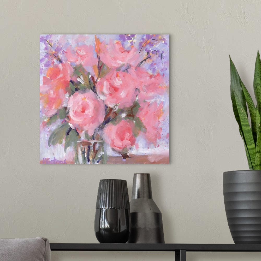 A modern room featuring A square contemporary painting of a vase of flowers in pastel colors of pink and purple.