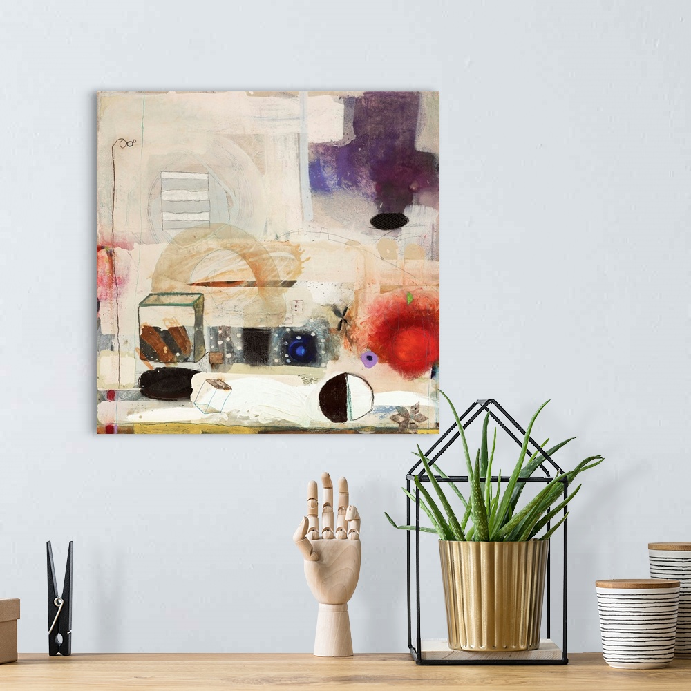 A bohemian room featuring Contemporary abstract painting using soft colors in organic movements.