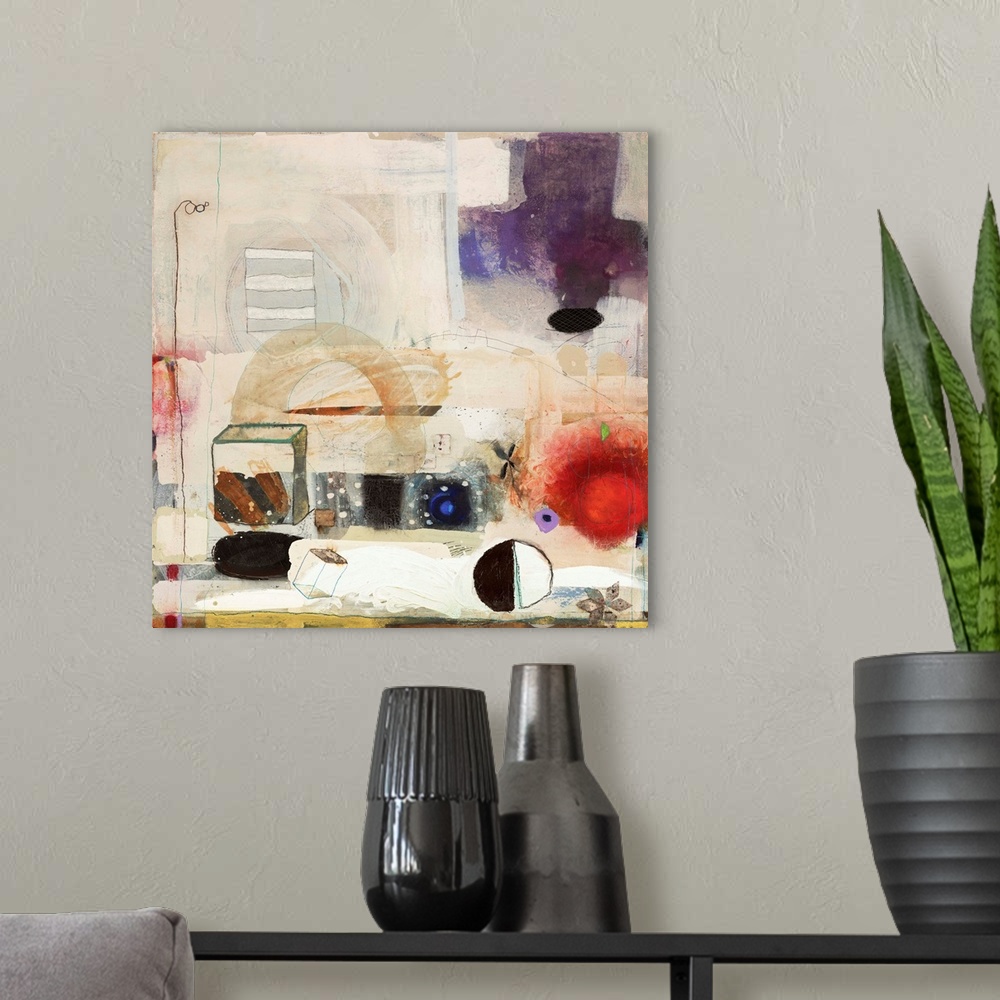 A modern room featuring Contemporary abstract painting using soft colors in organic movements.