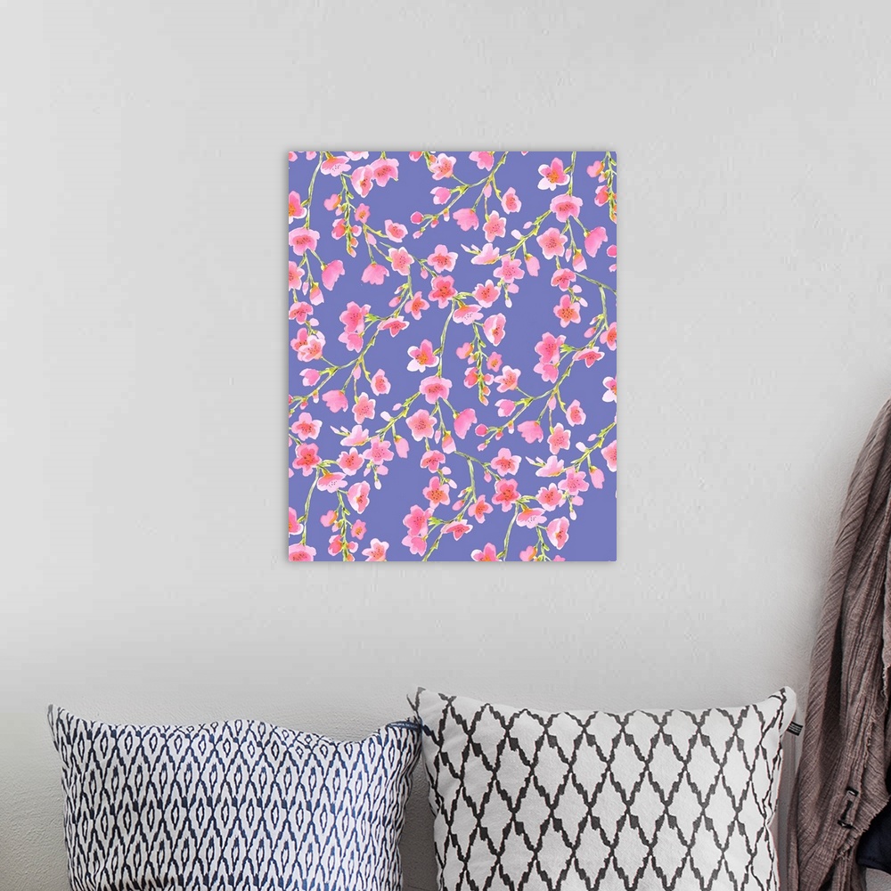 A bohemian room featuring A painting of light pink flowers on vines against a purple background.