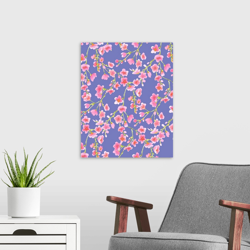 A modern room featuring A painting of light pink flowers on vines against a purple background.