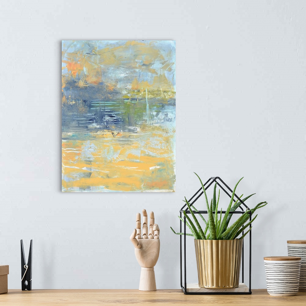 A bohemian room featuring Abstract painting of the Chesapeake Bay in muted yellow, navy, and powder blue.