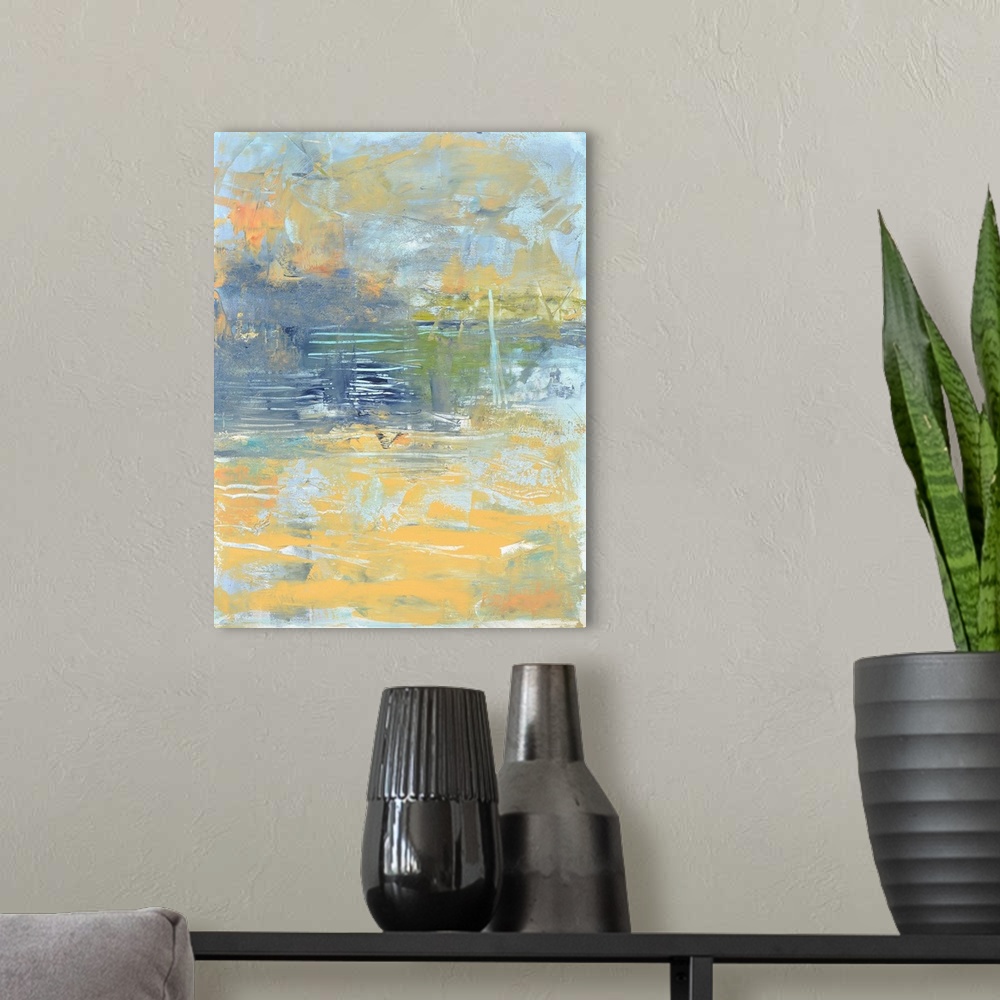 A modern room featuring Abstract painting of the Chesapeake Bay in muted yellow, navy, and powder blue.