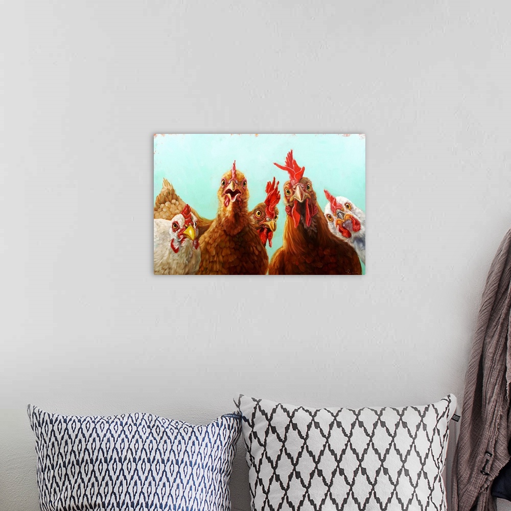A bohemian room featuring A contemporary painting of a group of chickens peering at the viewer.