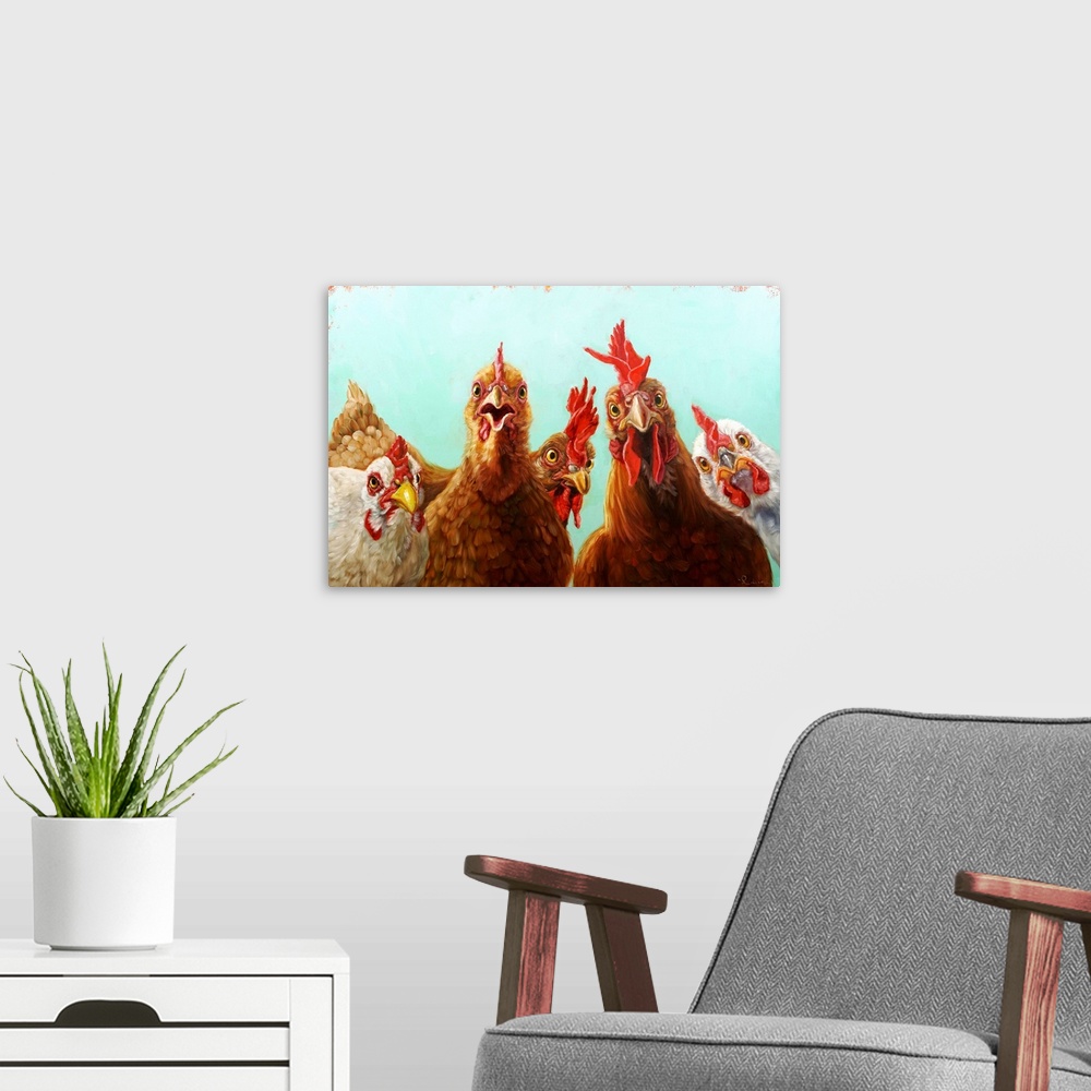 A modern room featuring A contemporary painting of a group of chickens peering at the viewer.