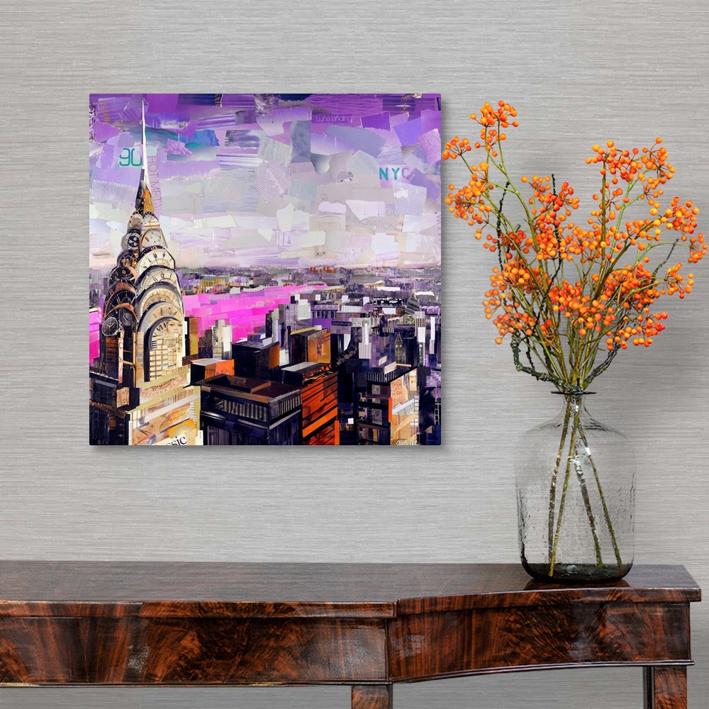 A traditional room featuring Mixed media artwork of a cityscape of New York City made from cut magazine and book pages.