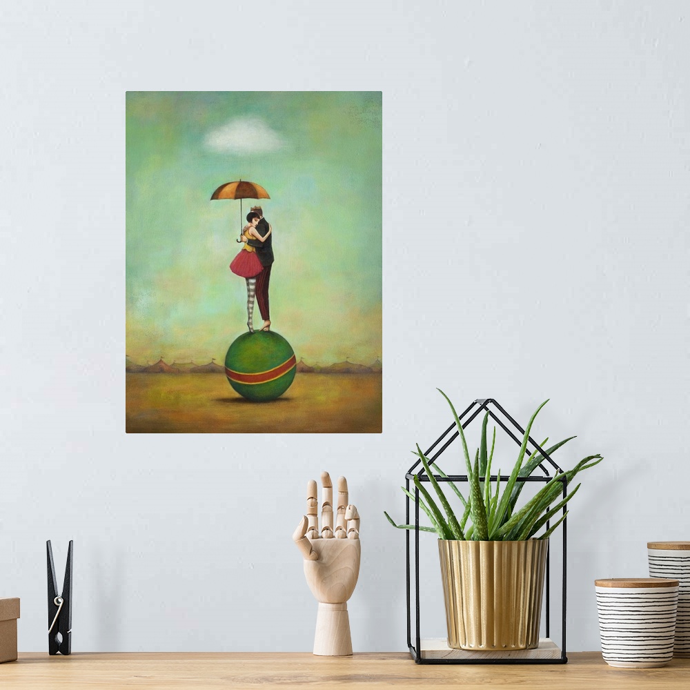 A bohemian room featuring Contemporary surreal artwork of a woman and man embracing on top of a green ball.