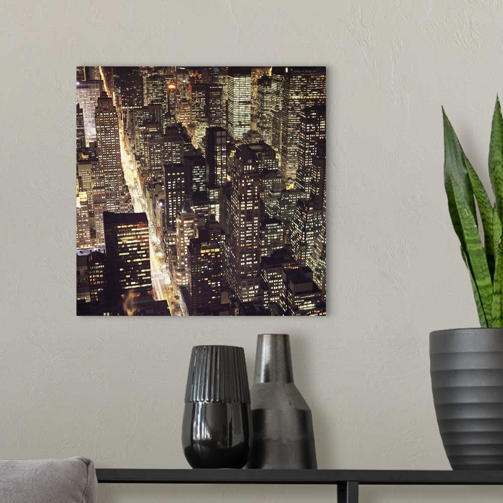 A modern room featuring A square image of the cityscape of New York.
