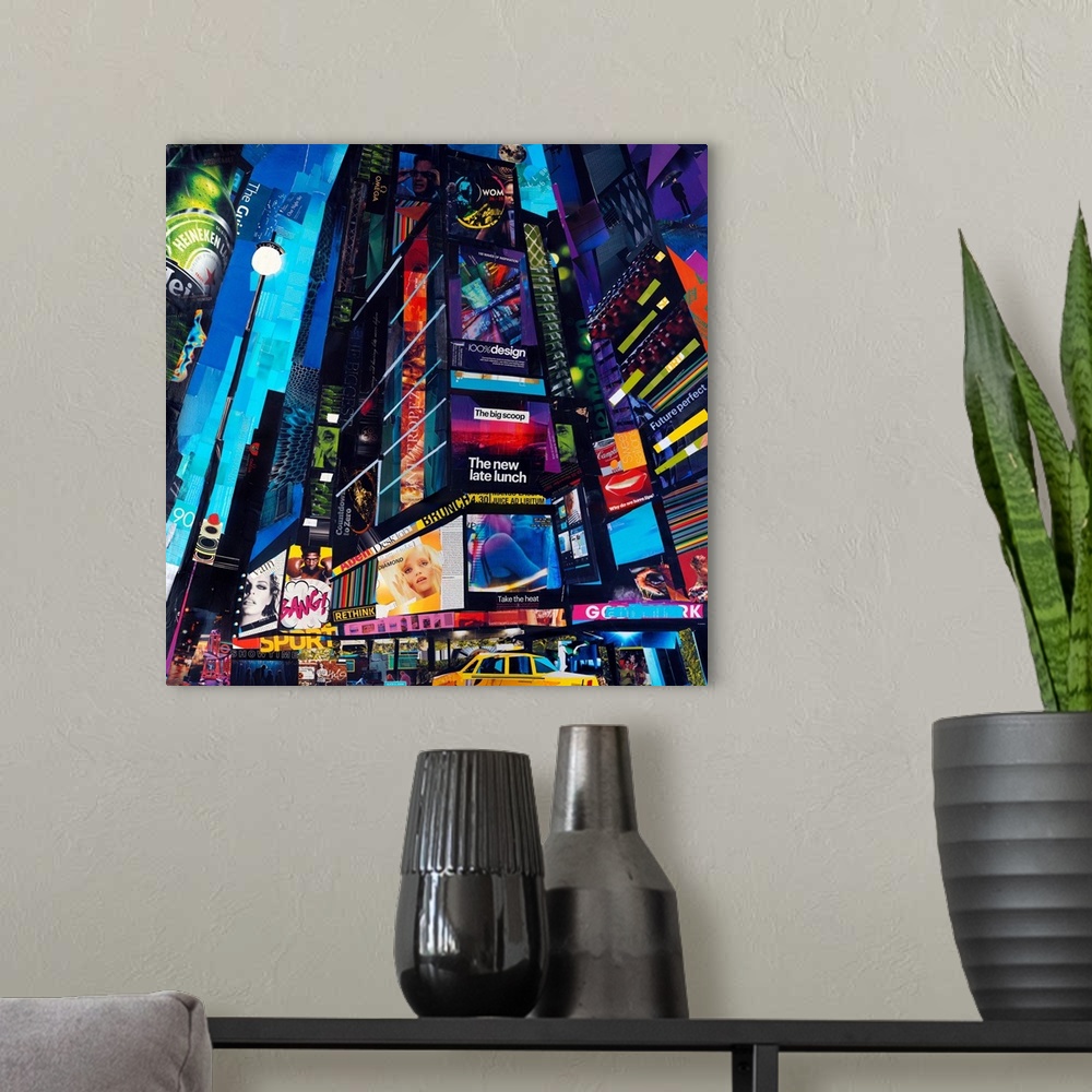 A modern room featuring Mixed media artwork of a cityscape of New York City made from cut magazine and book pages.
