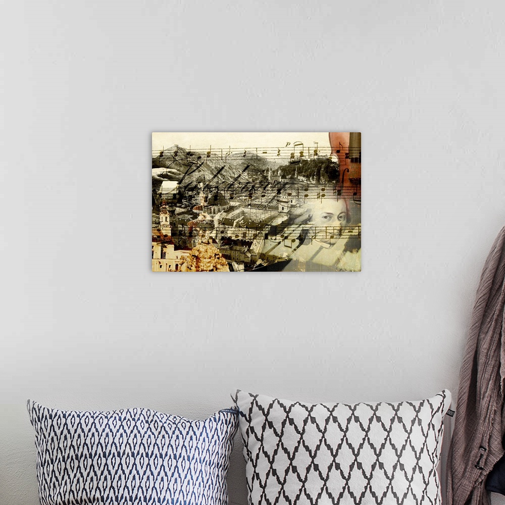 A bohemian room featuring A horizontal collage in a classical music theme.