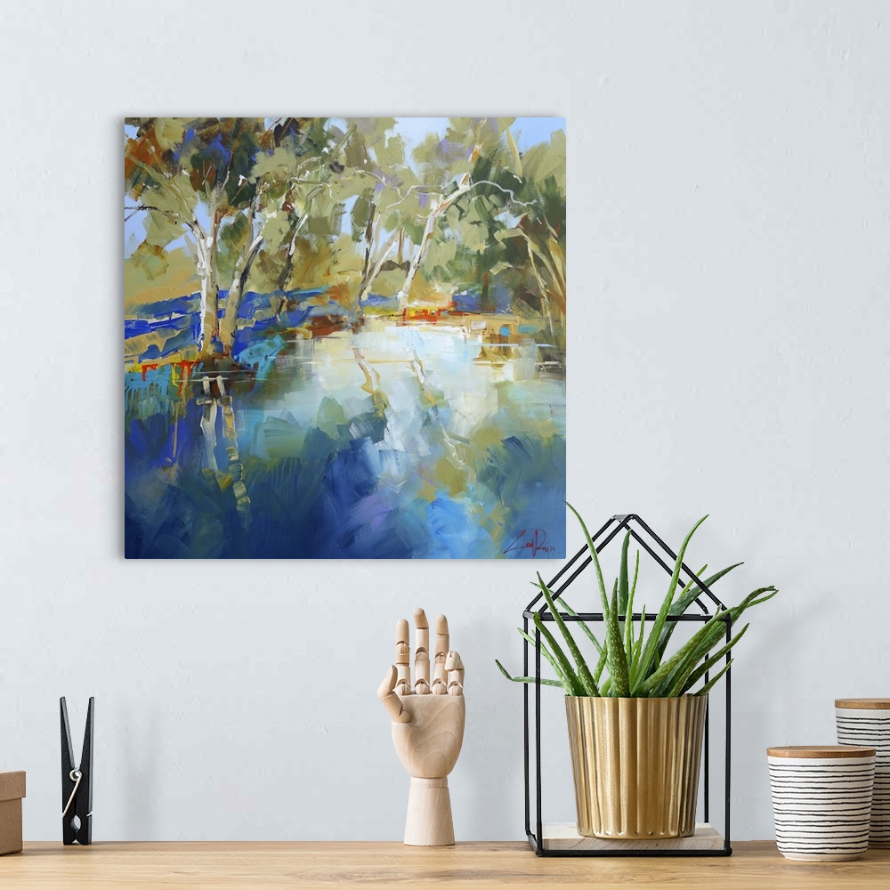 A bohemian room featuring Contemporary painting of trees along a stream.