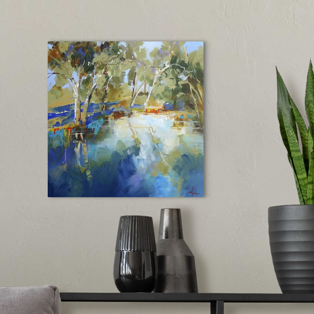 A modern room featuring Contemporary painting of trees along a stream.