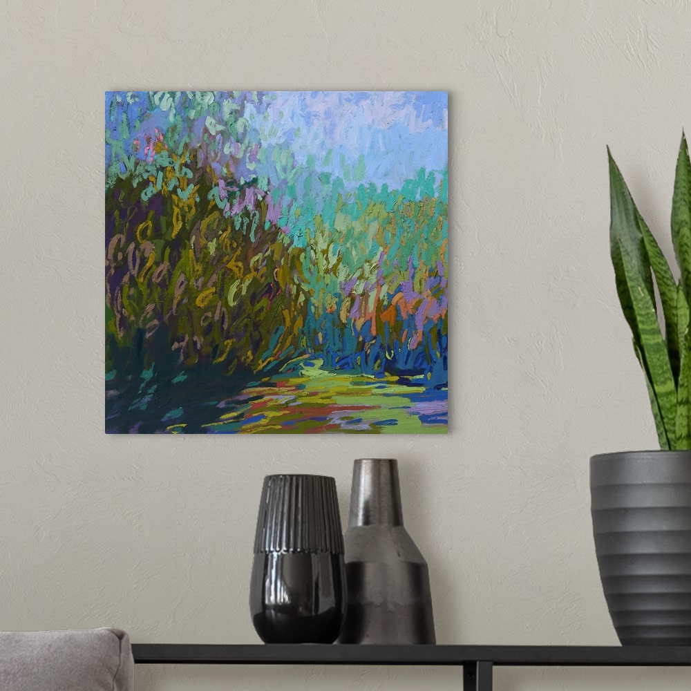 A modern room featuring A square abstract of plants painted with brush strokes of vibrant colors.