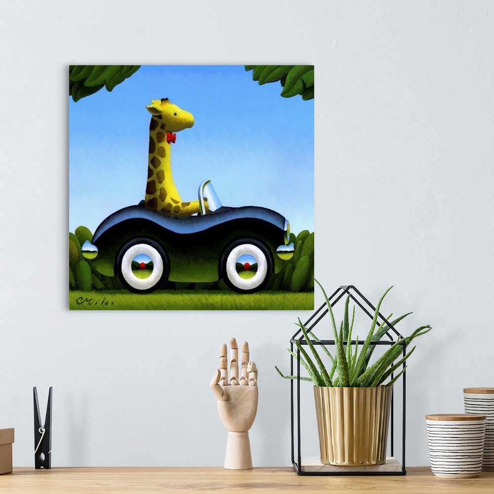 A bohemian room featuring Whimsical painting of a giraffe in a bowtie driving a car.