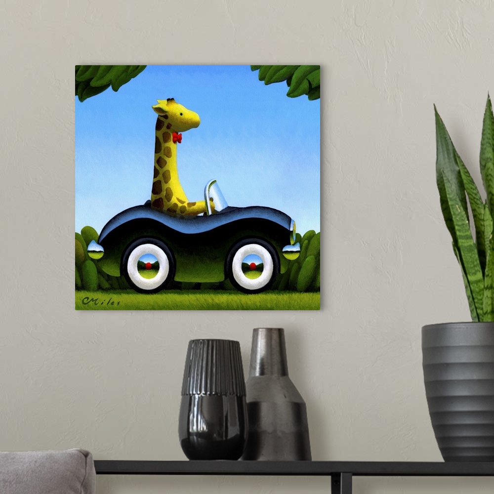 A modern room featuring Whimsical painting of a giraffe in a bowtie driving a car.