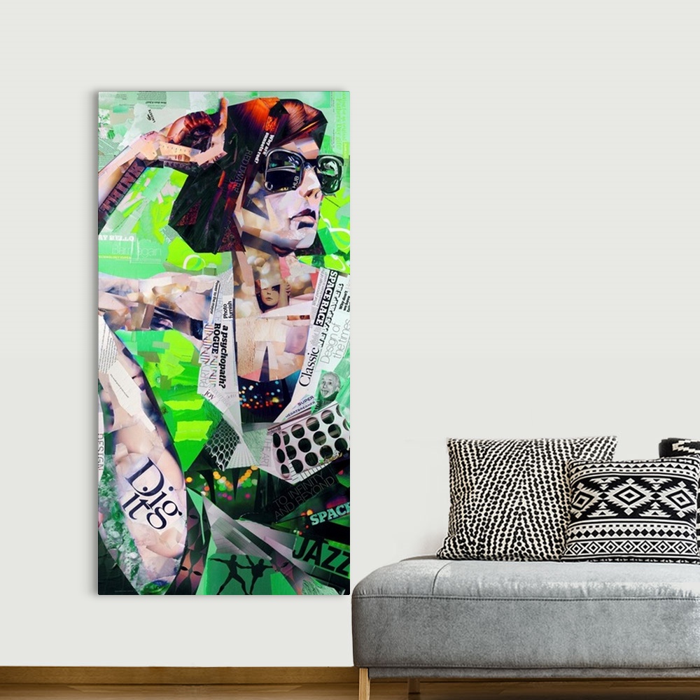 A bohemian room featuring Mixed media artwork of a portrait of a woman made from cut magazine and book pages.