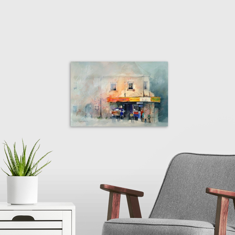 A modern room featuring Contemporary painting of a corner store in an urban atmosphere.