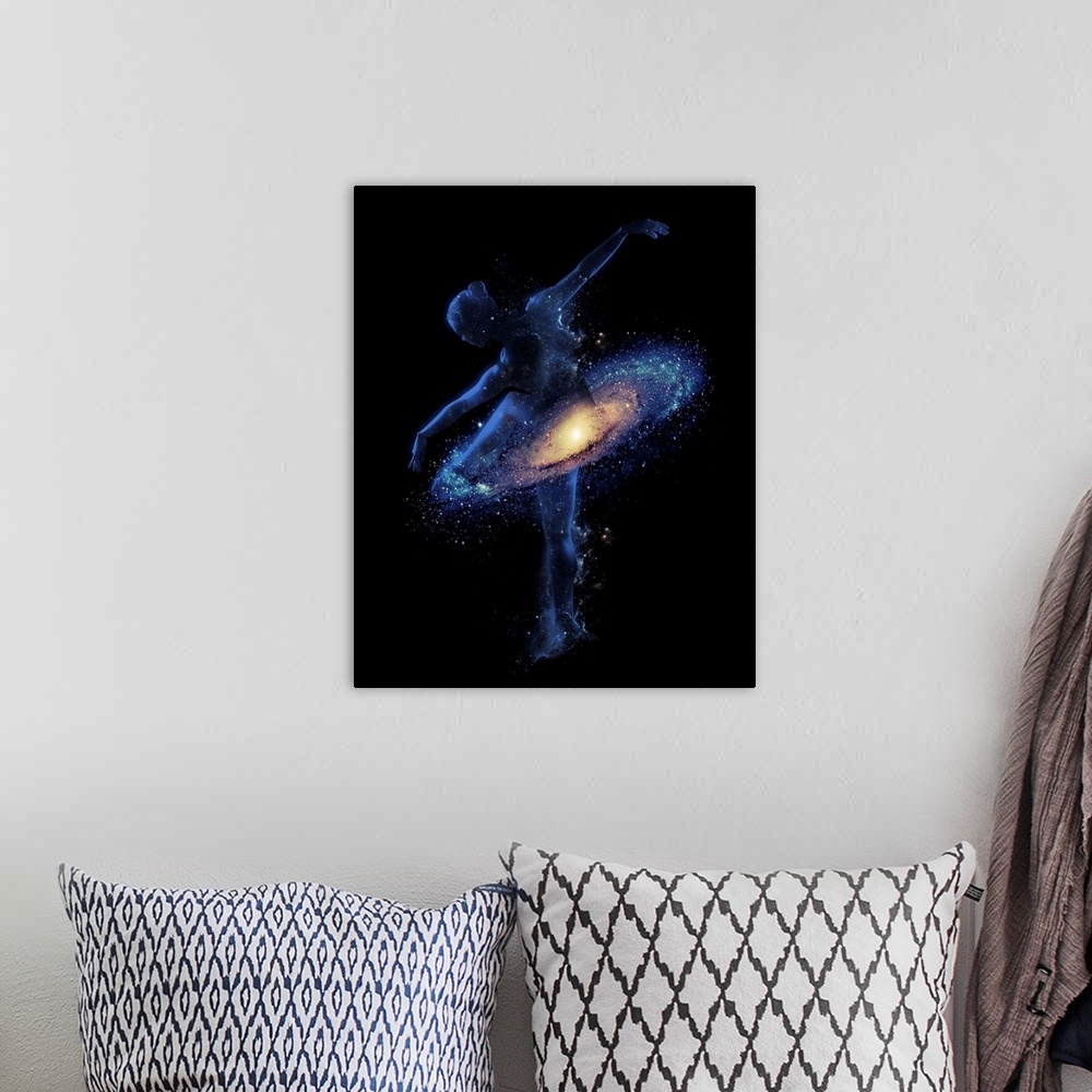 A bohemian room featuring Double exposure artwork featuring a dancer and her tutu as a galaxy.