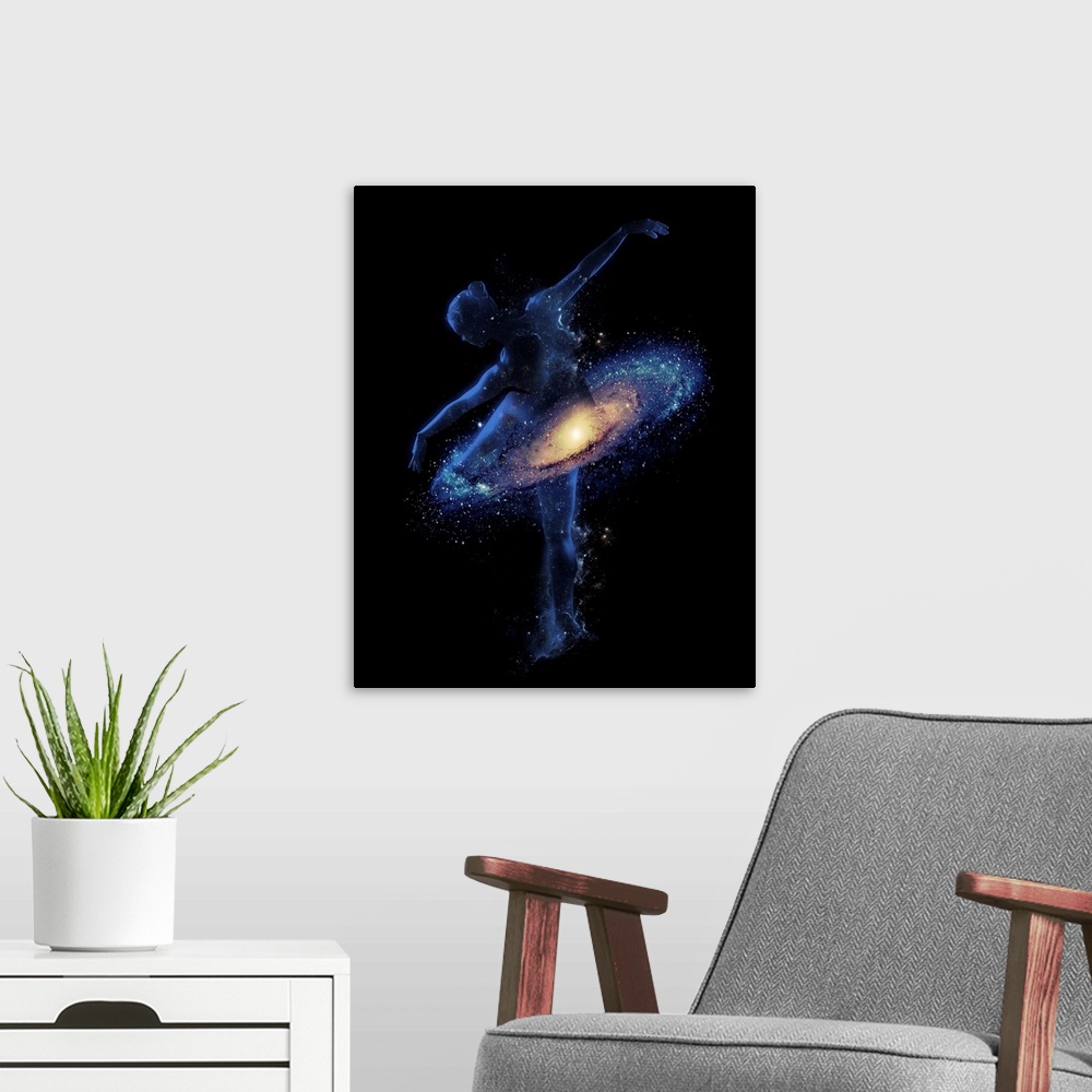 A modern room featuring Double exposure artwork featuring a dancer and her tutu as a galaxy.