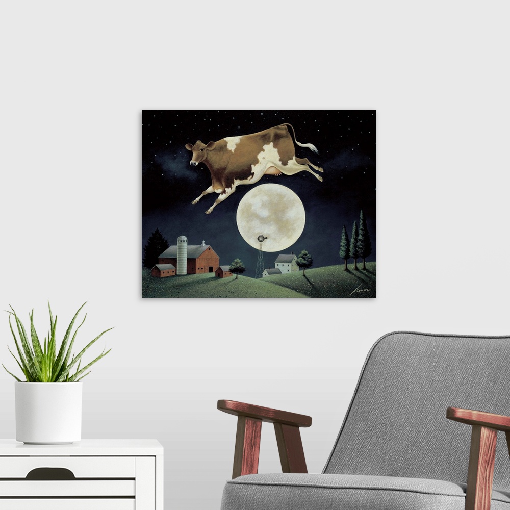 A modern room featuring Cow Jumps over the Moon