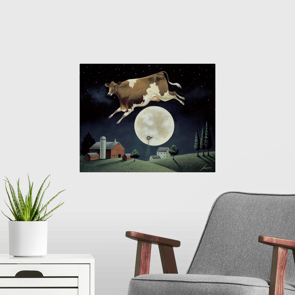 A modern room featuring Cow Jumps over the Moon