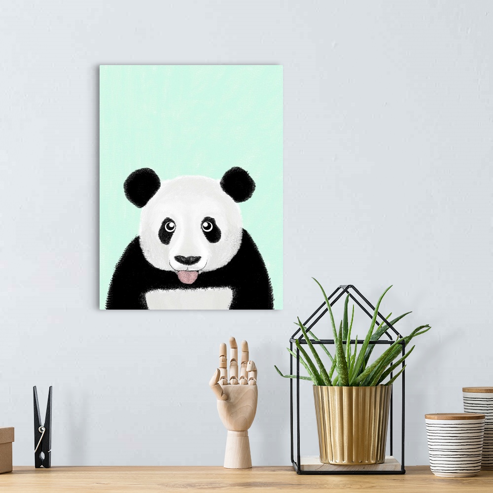 A bohemian room featuring A humorous illustration of a panda with it's tongue out.