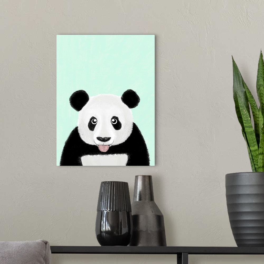 A modern room featuring A humorous illustration of a panda with it's tongue out.