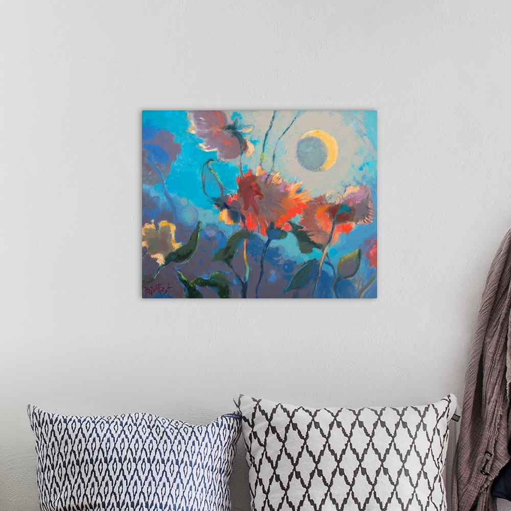 A bohemian room featuring A contemporary painting of colorful flowers under a moonlit sky.