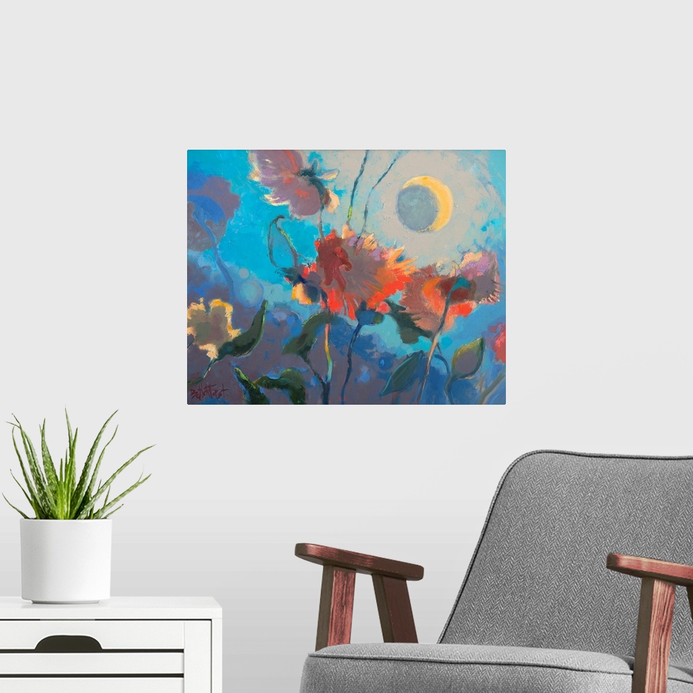 A modern room featuring A contemporary painting of colorful flowers under a moonlit sky.