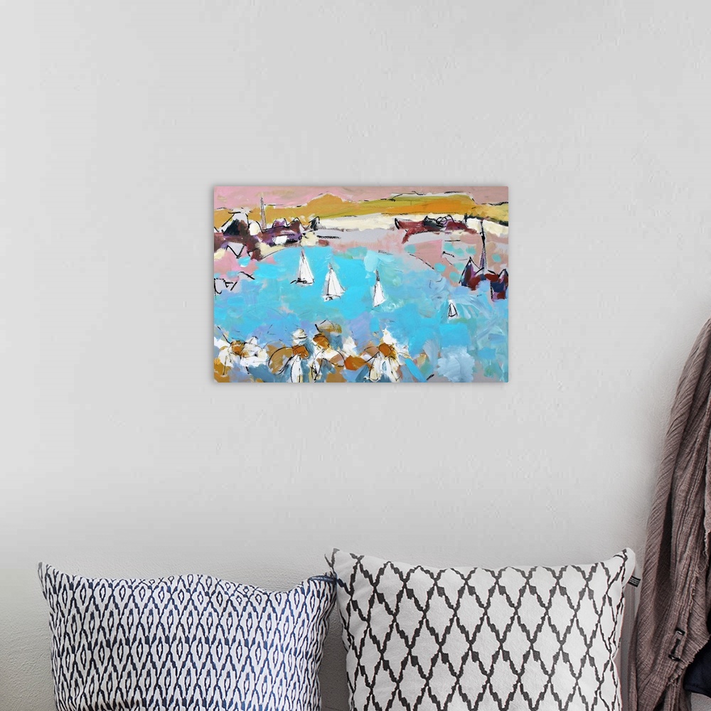 A bohemian room featuring A very chunky contemporary abstract painting, resembling white flowers in front of a bay with sai...
