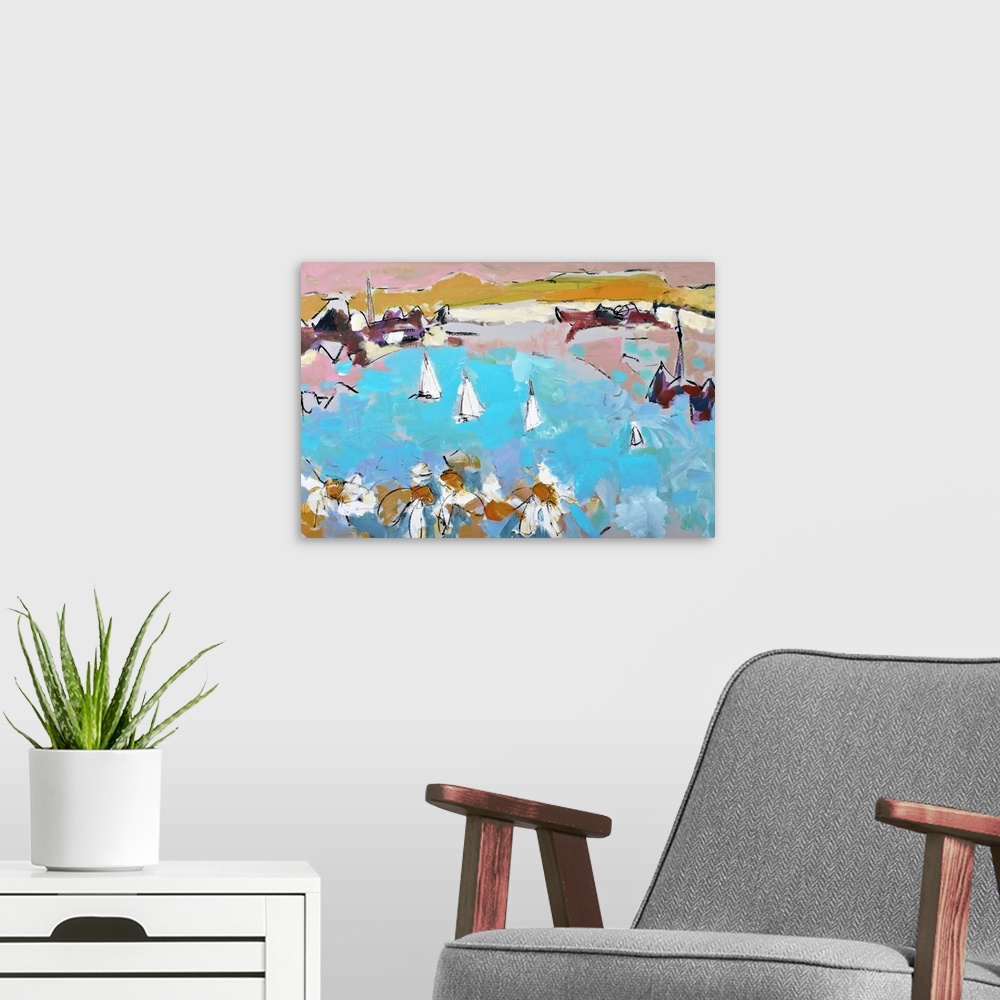 A modern room featuring A very chunky contemporary abstract painting, resembling white flowers in front of a bay with sai...