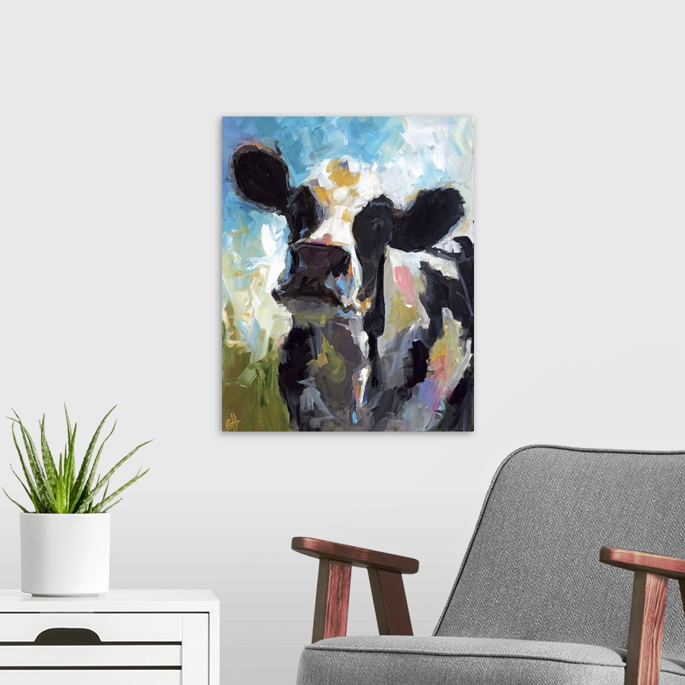 A modern room featuring Contemporary portrait of a black and white dairy cow.