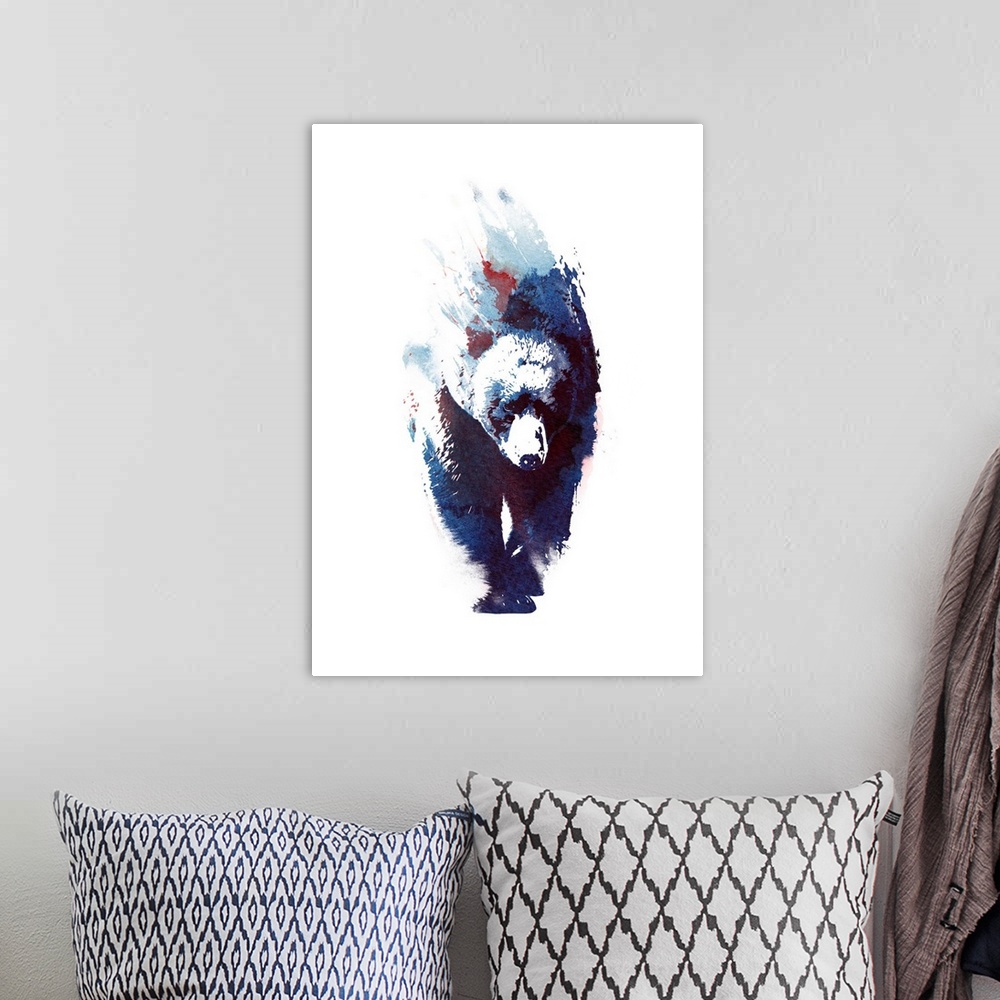 A bohemian room featuring Contemporary artwork of a watercolor bear solemnly walking against a white background.