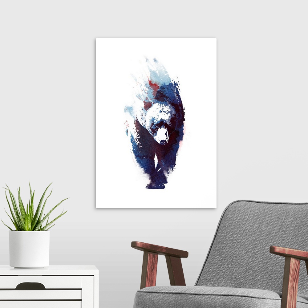 A modern room featuring Contemporary artwork of a watercolor bear solemnly walking against a white background.