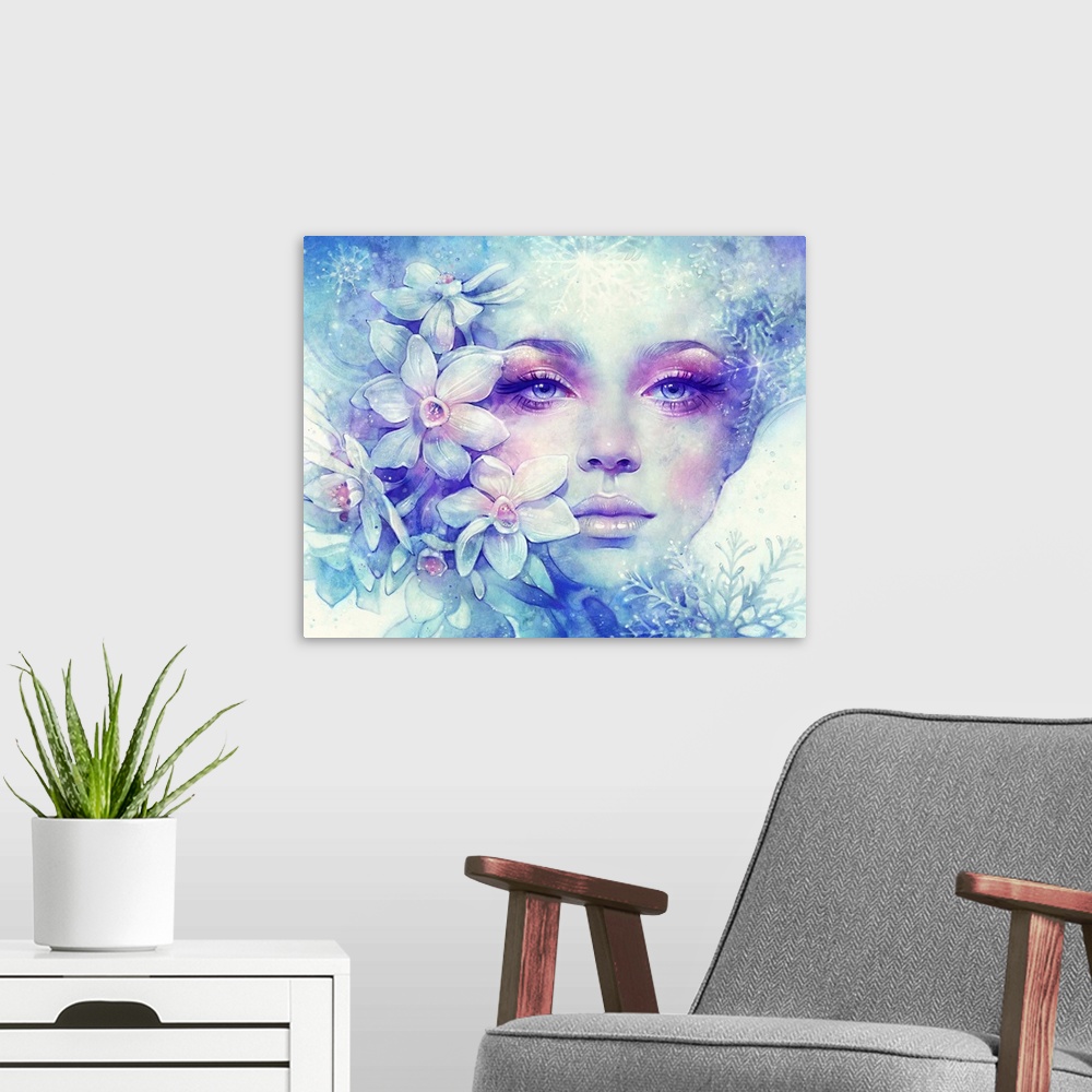 A modern room featuring A contemporary painting of a portrait of a woman with flowers around her face and soft pink eye m...