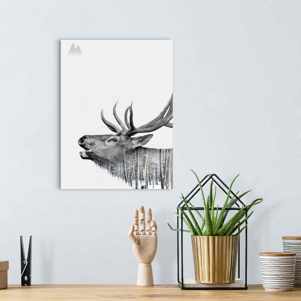 A bohemian room featuring A composite image of a deer merged with an image of a forest covered in snow.