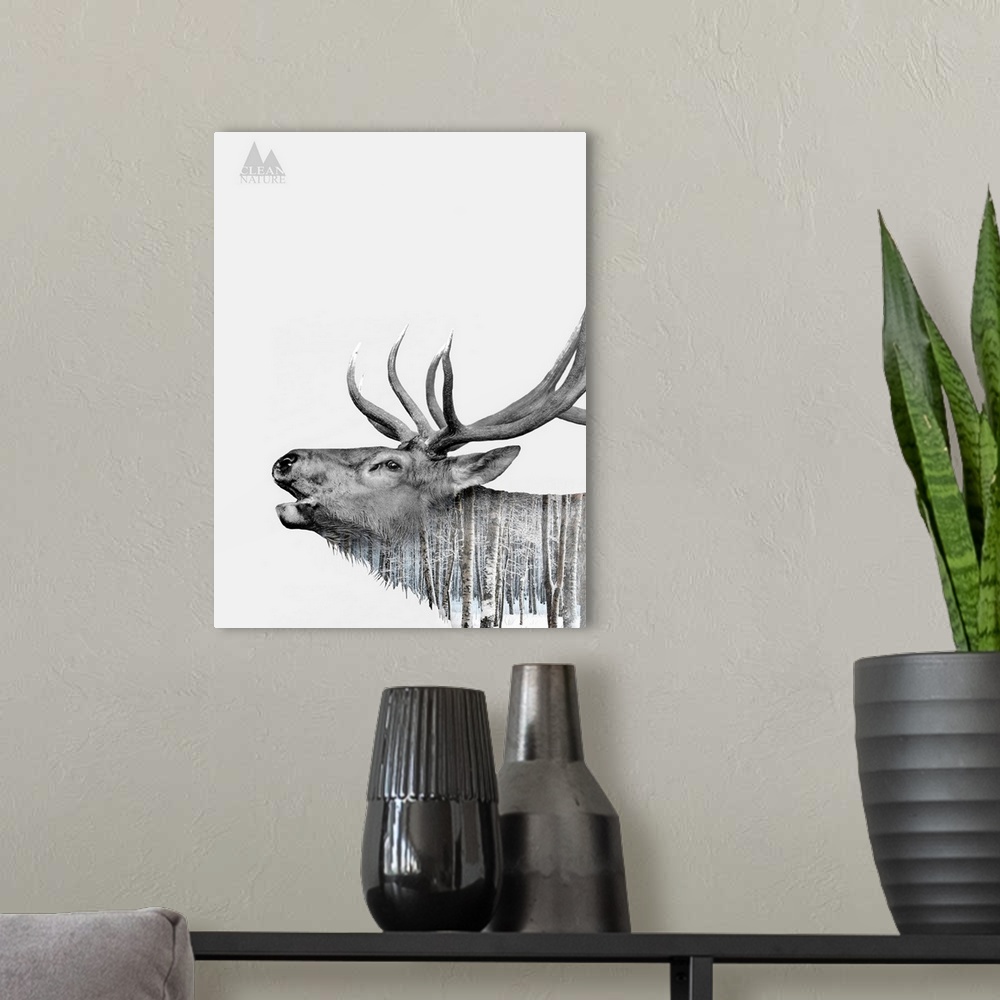 A modern room featuring A composite image of a deer merged with an image of a forest covered in snow.