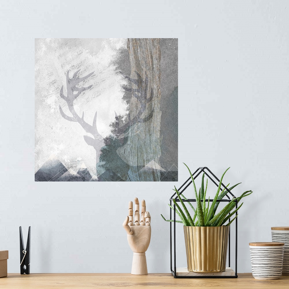 A bohemian room featuring Contemporary artwork of a faded illustration of a stag against a distressed background of wildern...