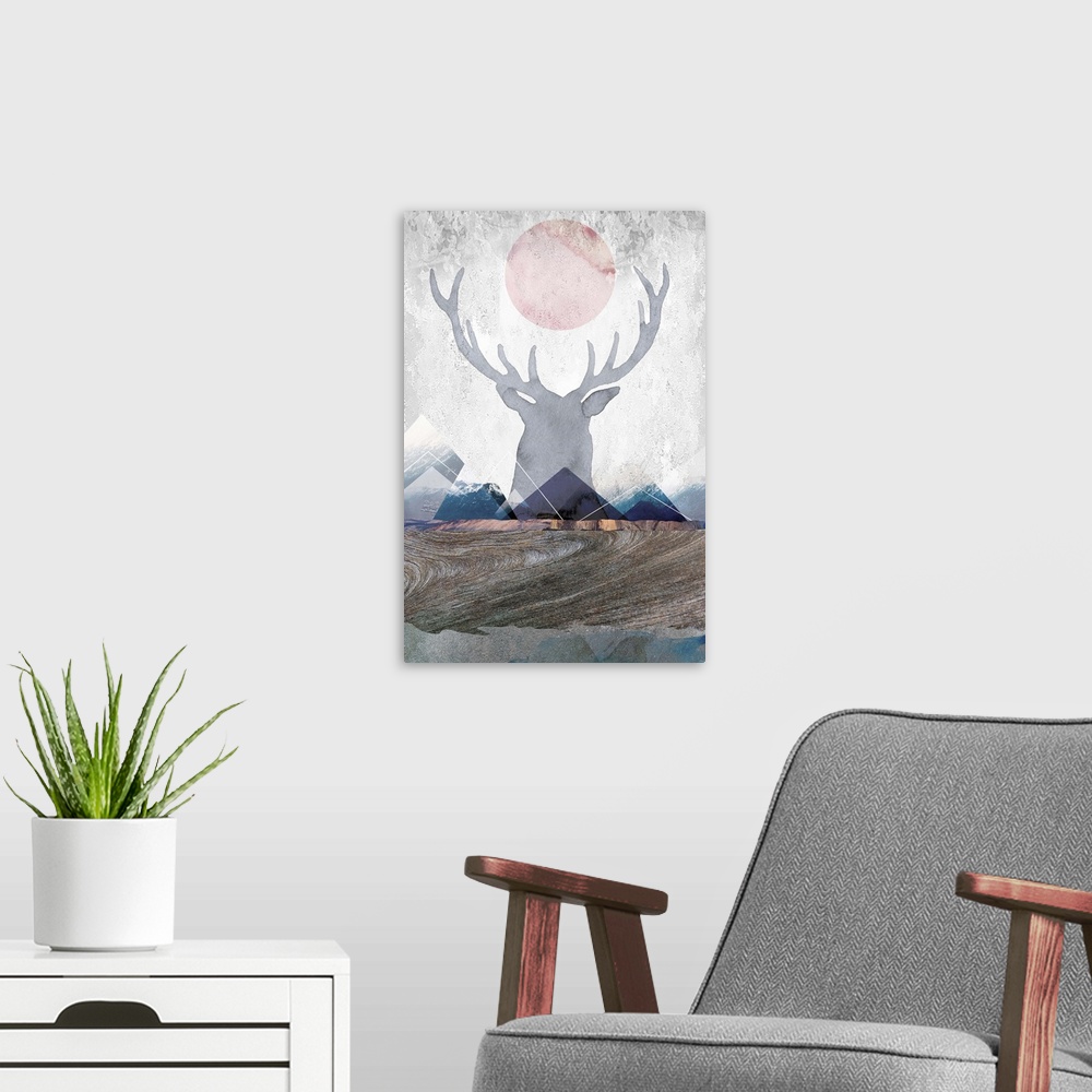 A modern room featuring Contemporary artwork of a faded illustration of a stag against a distressed background of wildern...