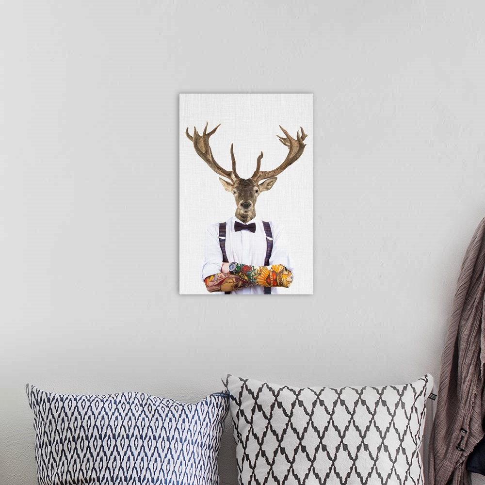 A bohemian room featuring A creative digital illustration of a man with a deer head.