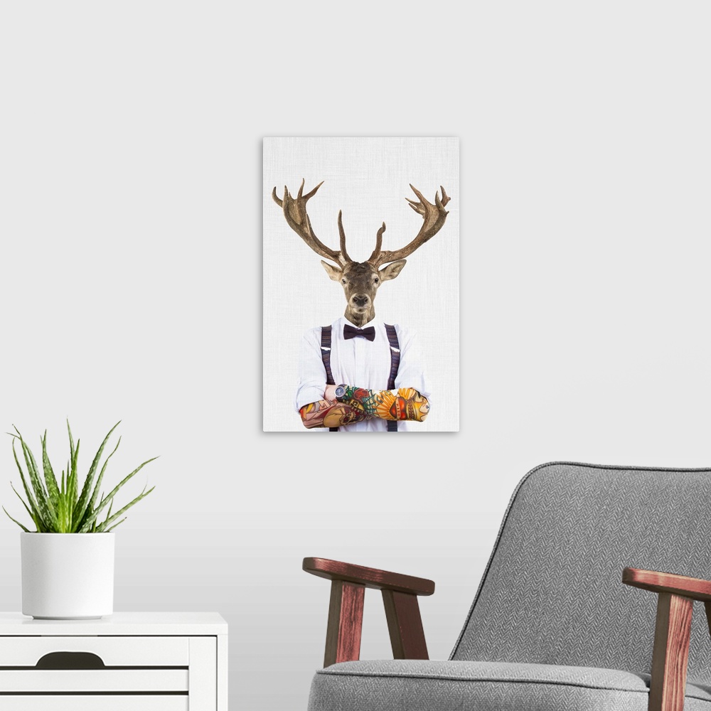 A modern room featuring A creative digital illustration of a man with a deer head.