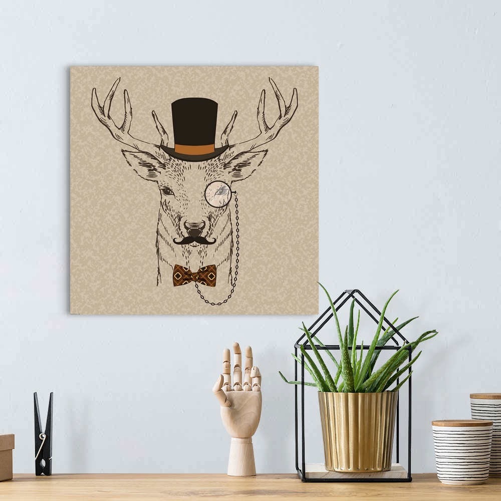 A bohemian room featuring Illustration of a deer head with a mustache, top hat and monocle.