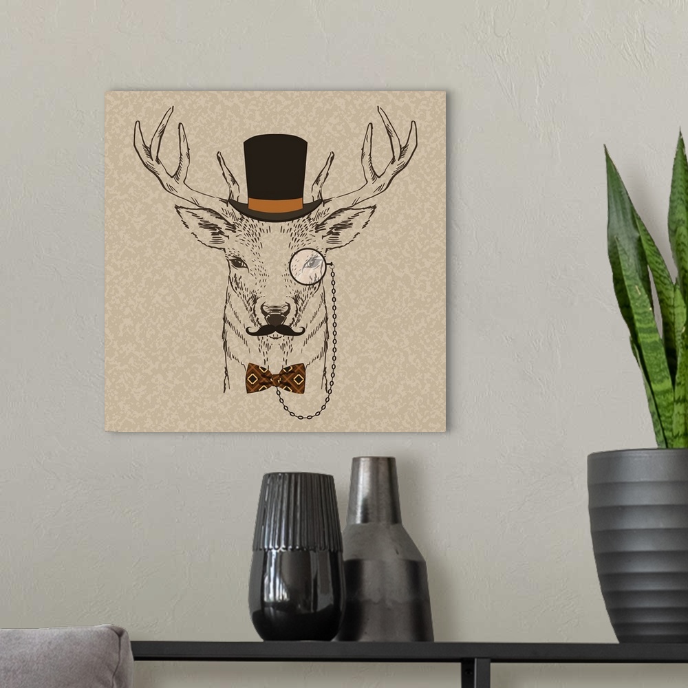 A modern room featuring Illustration of a deer head with a mustache, top hat and monocle.