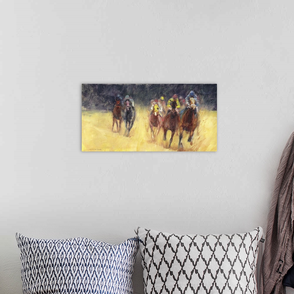 A bohemian room featuring A contemporary painting of a horse derby, with the air of the horses advancing toward you.