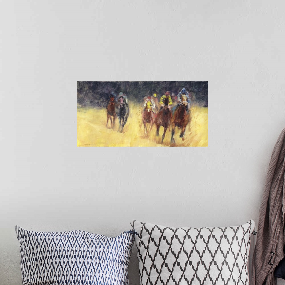 A bohemian room featuring A contemporary painting of a horse derby, with the air of the horses advancing toward you.