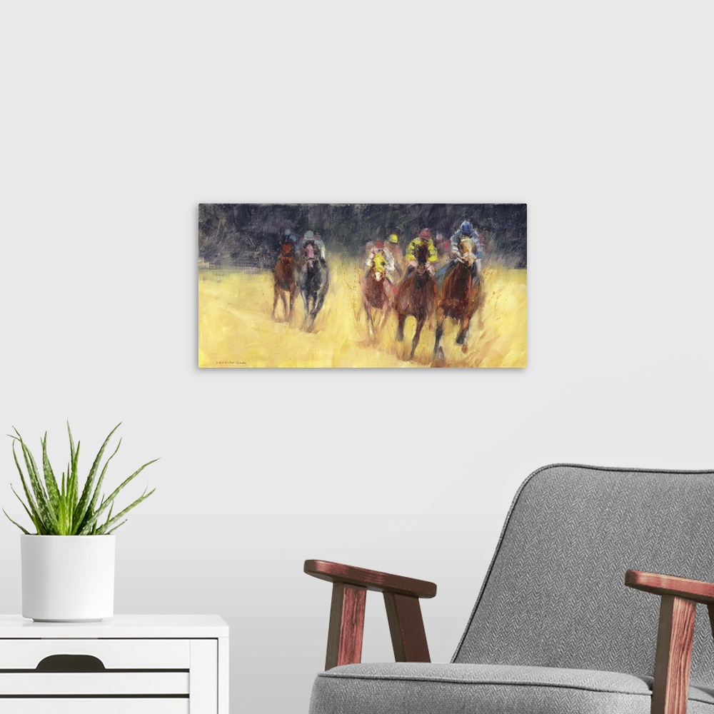 A modern room featuring A contemporary painting of a horse derby, with the air of the horses advancing toward you.