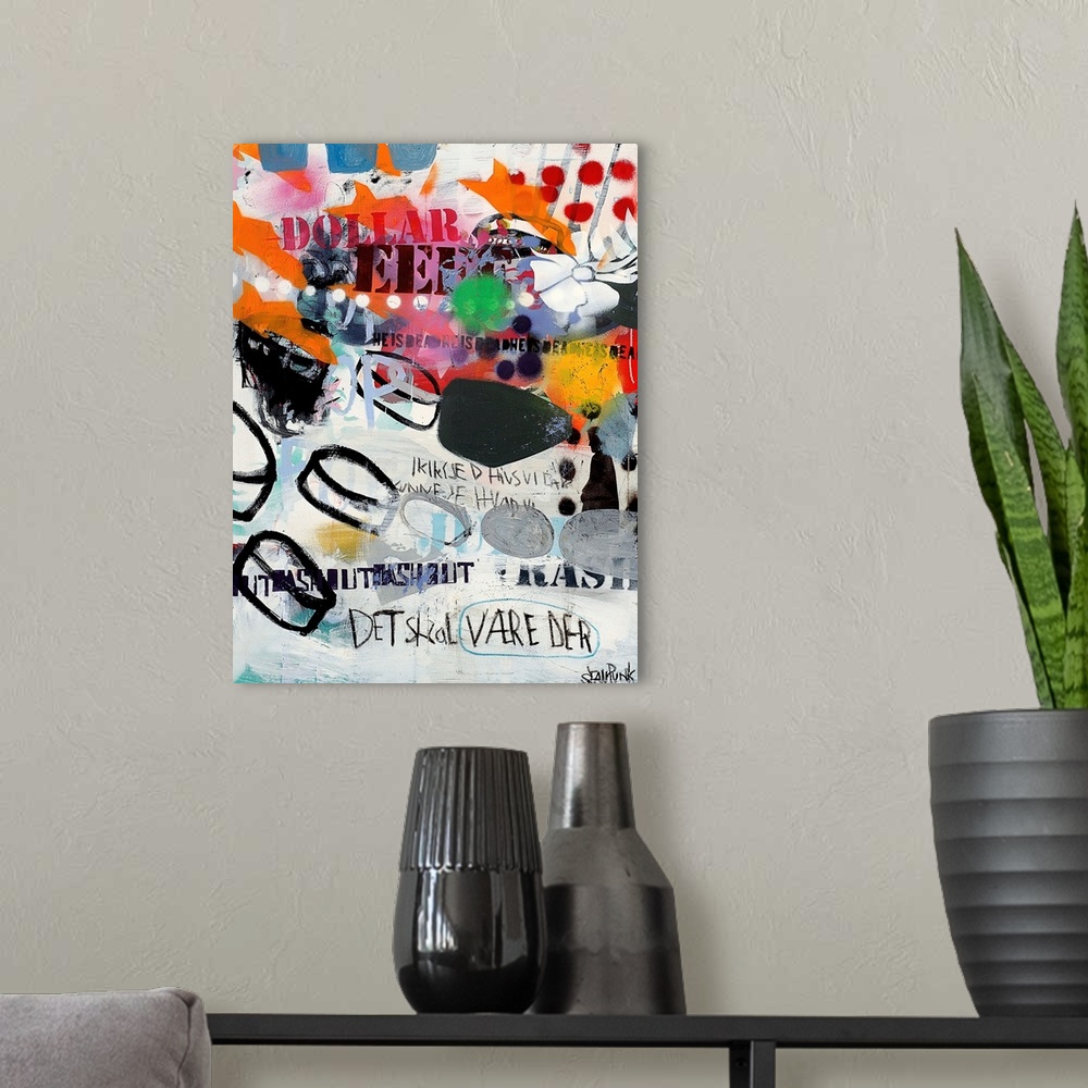 A modern room featuring Abstract vertical collage of text and varies painted shapes.