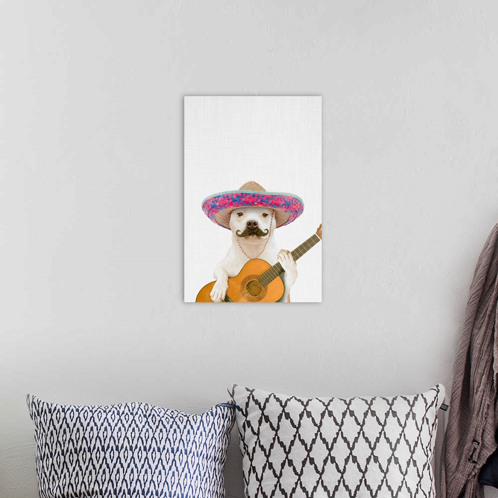 A bohemian room featuring A creative digital illustration of a dog with a hat and mustache with a guitar.