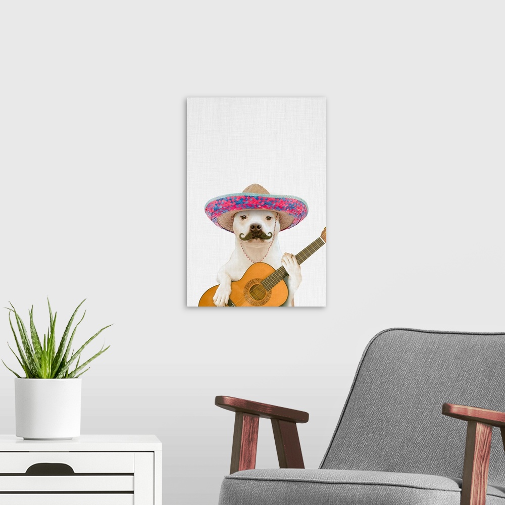 A modern room featuring A creative digital illustration of a dog with a hat and mustache with a guitar.
