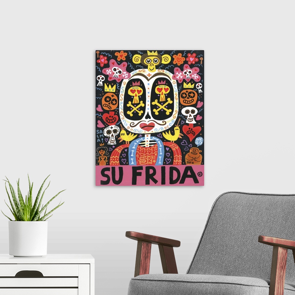 A modern room featuring Latin art of a sugar skull decorated with hearts and flowers.
